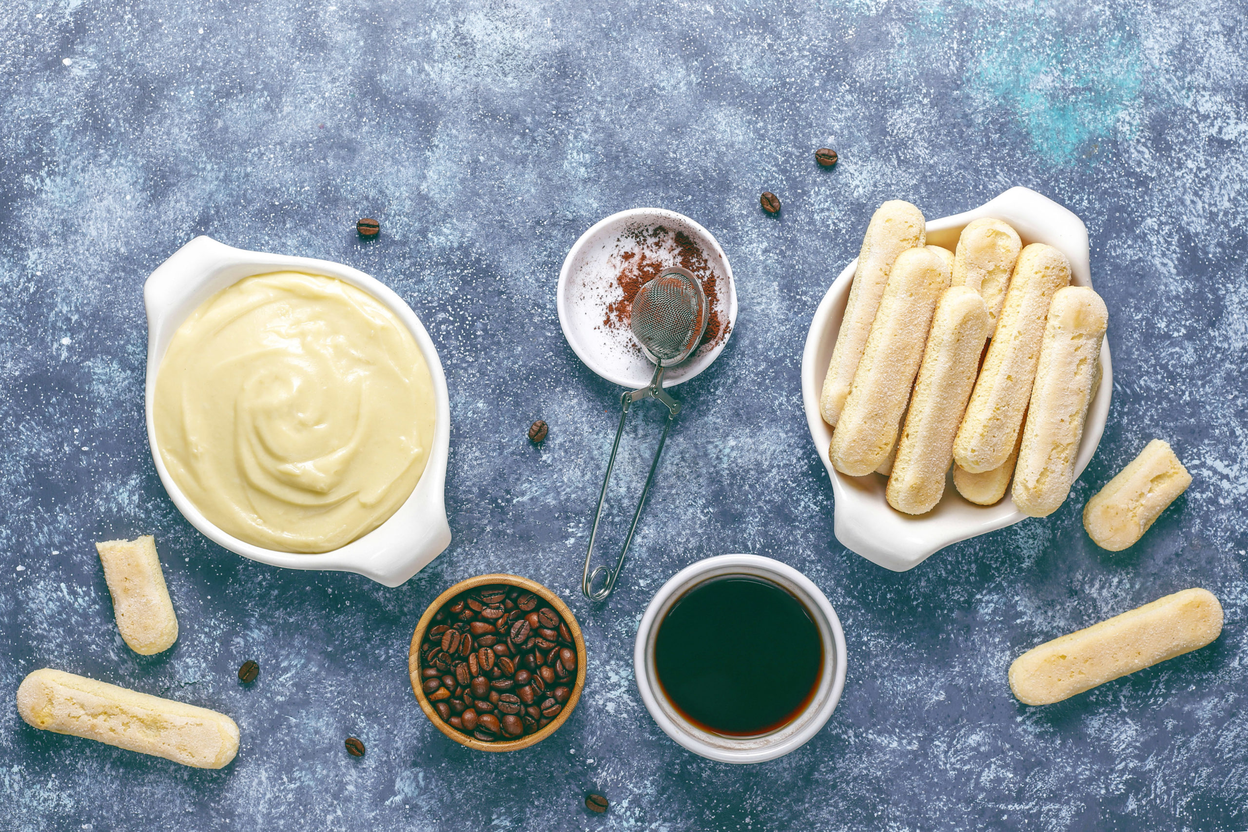 Ingredients for making dessert tiramisu,top view with copy space